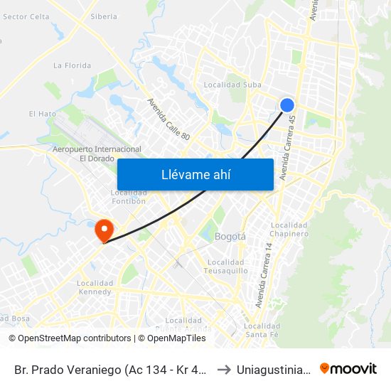 Br. Prado Veraniego (Ac 134 - Kr 49a) to Uniagustiniana map