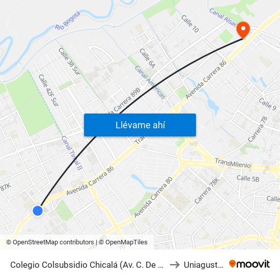 Colegio Colsubsidio Chicalá (Av. C. De Cali - Dg 52a Sur) to Uniagustiniana map