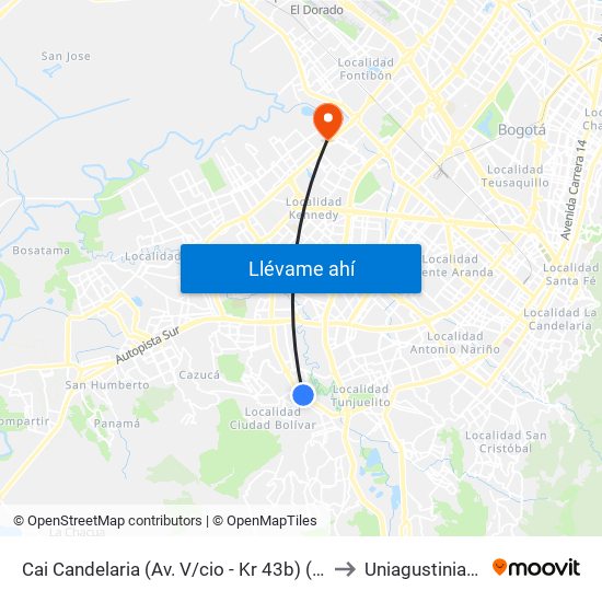 Cai Candelaria (Av. V/cio - Kr 43b) (A) to Uniagustiniana map
