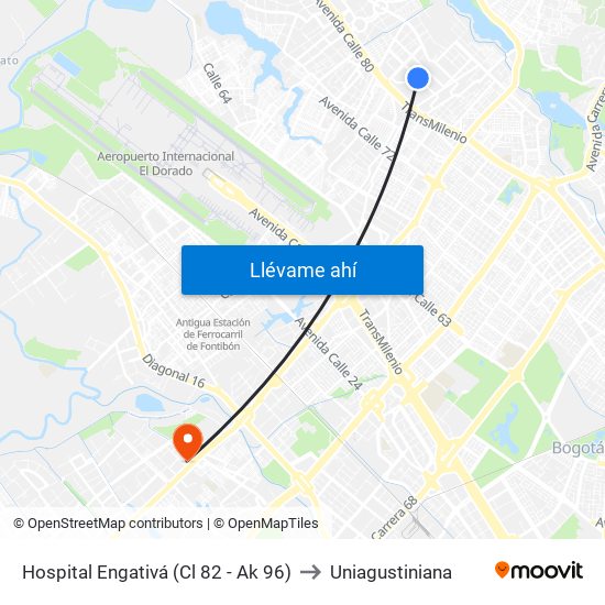 Hospital Engativá (Cl 82 - Ak 96) to Uniagustiniana map