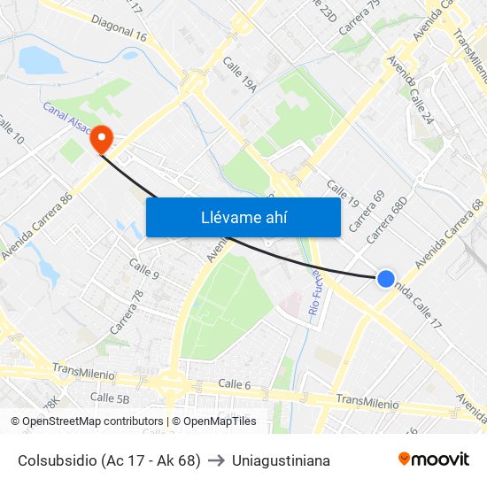 Colsubsidio (Ac 17 - Ak 68) to Uniagustiniana map