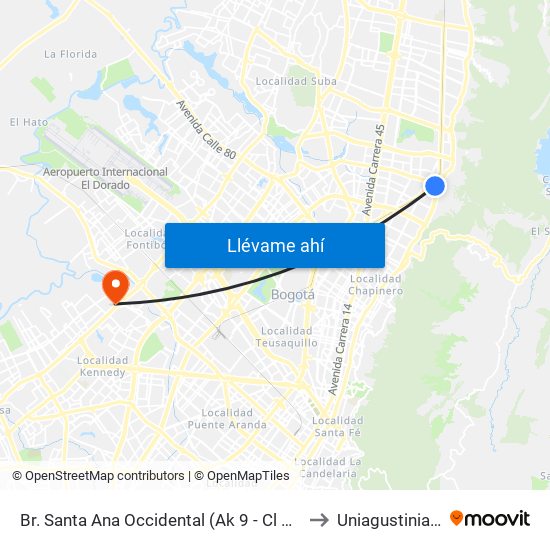 Br. Santa Ana Occidental (Ak 9 - Cl 115) to Uniagustiniana map