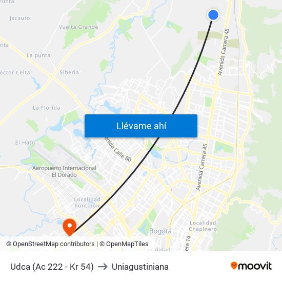Udca (Ac 222 - Kr 54) to Uniagustiniana map