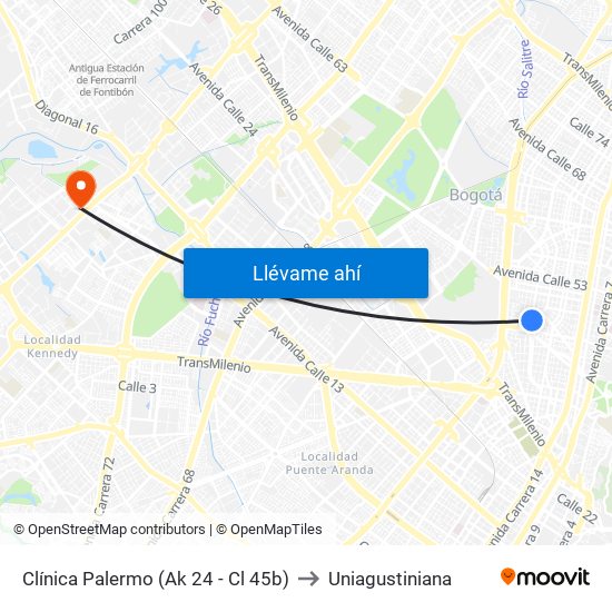 Clínica Palermo (Ak 24 - Cl 45b) to Uniagustiniana map