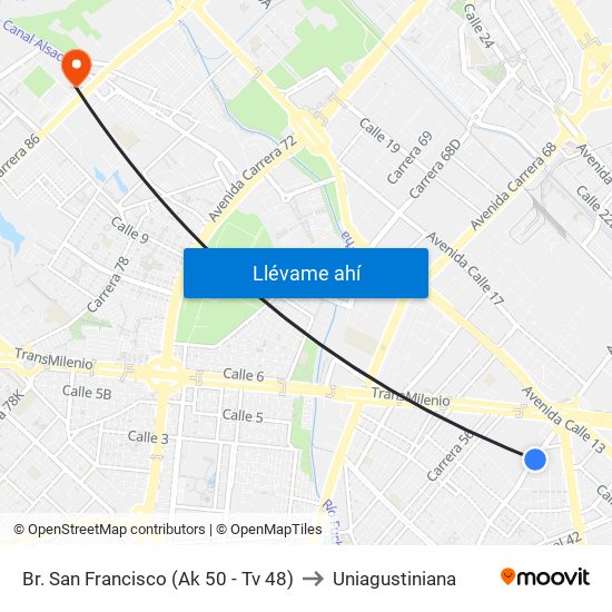 Br. San Francisco (Ak 50 - Tv 48) to Uniagustiniana map