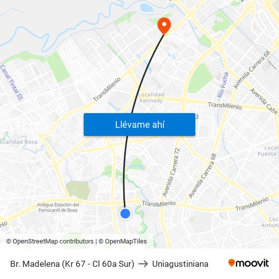 Br. Madelena (Kr 67 - Cl 60a Sur) to Uniagustiniana map