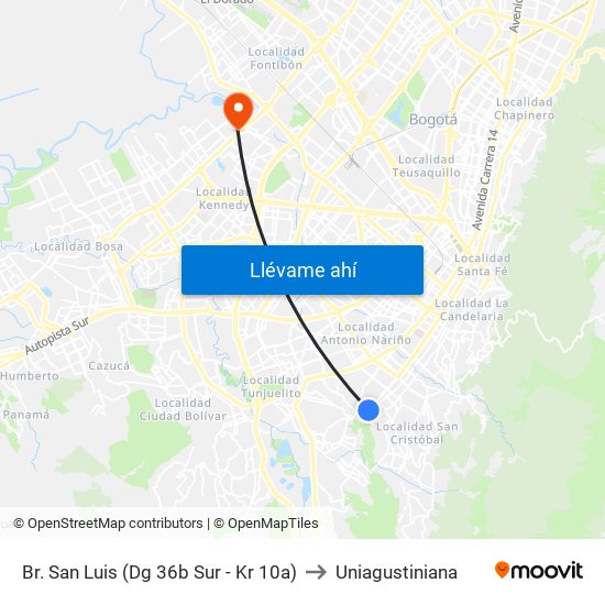 Br. San Luis (Dg 36b Sur - Kr 10a) to Uniagustiniana map