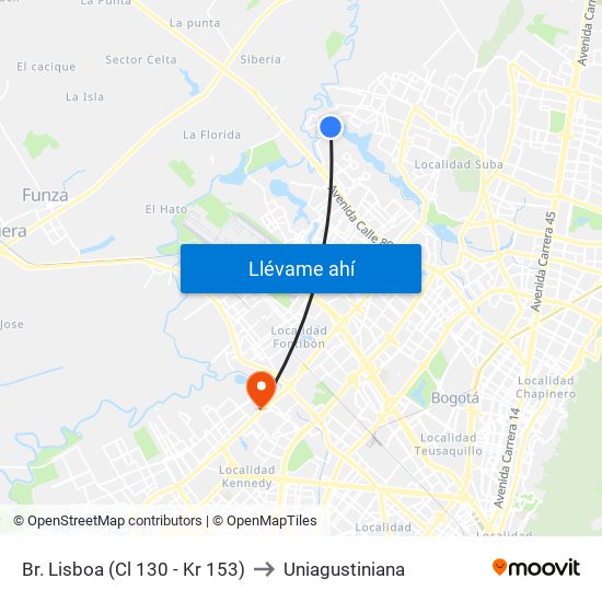 Br. Lisboa (Cl 130 - Kr 153) to Uniagustiniana map