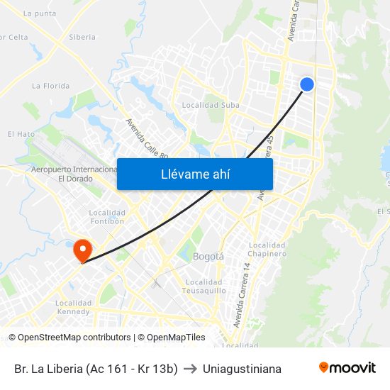 Br. La Liberia (Ac 161 - Kr 13b) to Uniagustiniana map