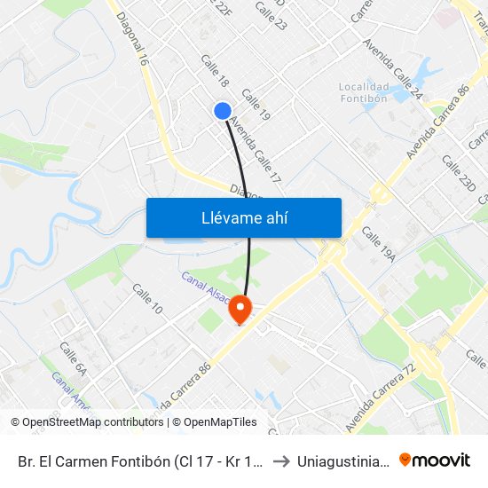 Br. El Carmen Fontibón (Cl 17 - Kr 100) to Uniagustiniana map