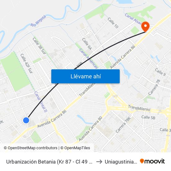 Urbanización Betania (Kr 87 - Cl 49 Sur) to Uniagustiniana map