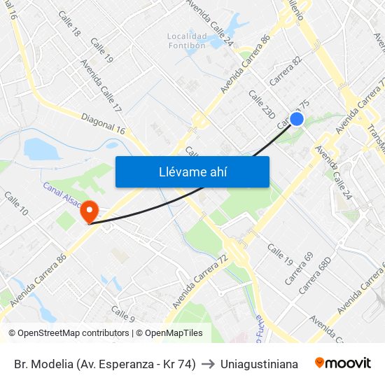 Br. Modelia (Av. Esperanza - Kr 74) to Uniagustiniana map