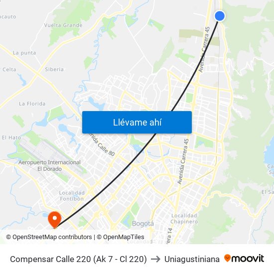 Compensar Calle 220 (Ak 7 - Cl 220) to Uniagustiniana map