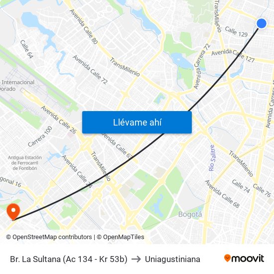 Br. La Sultana (Ac 134 - Kr 53b) to Uniagustiniana map