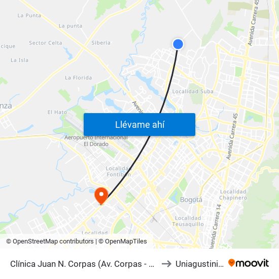 Clínica Juan N. Corpas (Av. Corpas - Cl 159a) to Uniagustiniana map