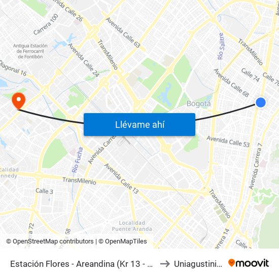 Estación Flores - Areandina (Kr 13 - Dg 68) to Uniagustiniana map