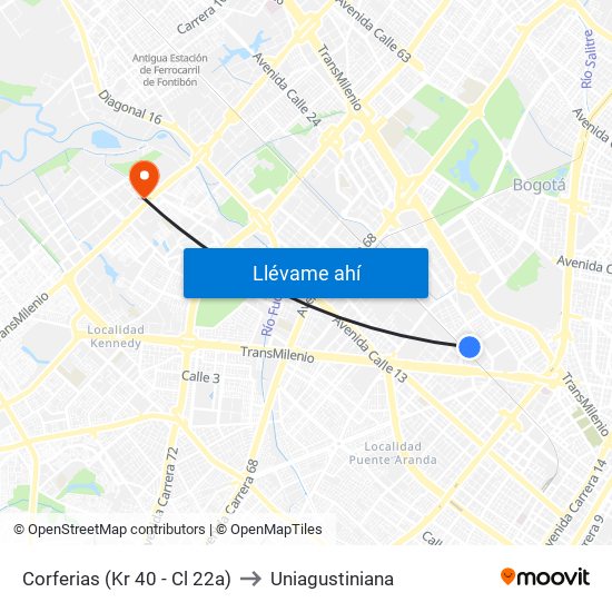 Corferias (Kr 40 - Cl 22a) to Uniagustiniana map