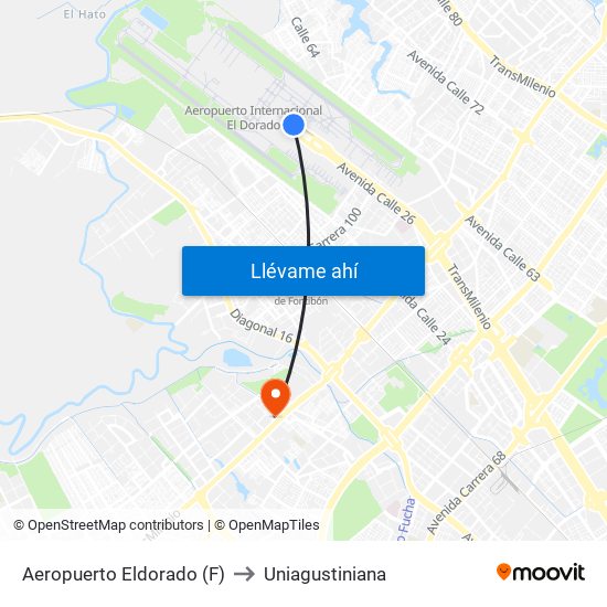 Aeropuerto Eldorado (F) to Uniagustiniana map