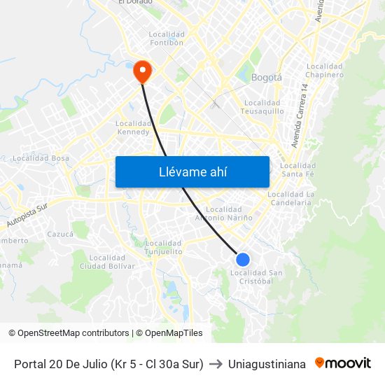 Portal 20 De Julio (Kr 5 - Cl 30a Sur) to Uniagustiniana map