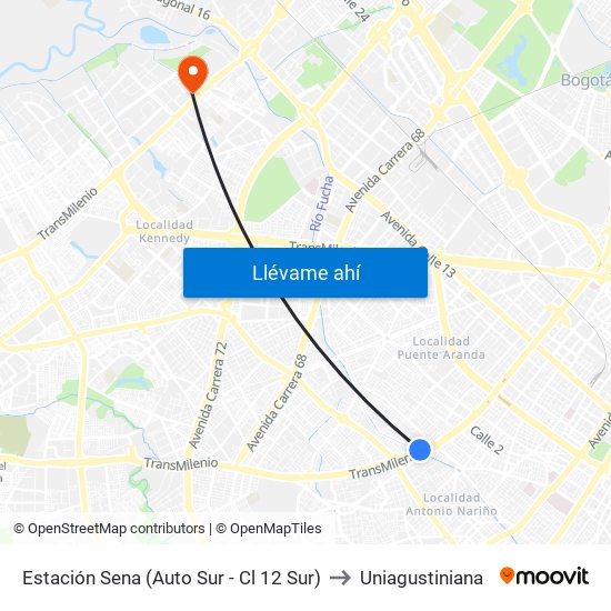 Estación Sena (Auto Sur - Cl 12 Sur) to Uniagustiniana map