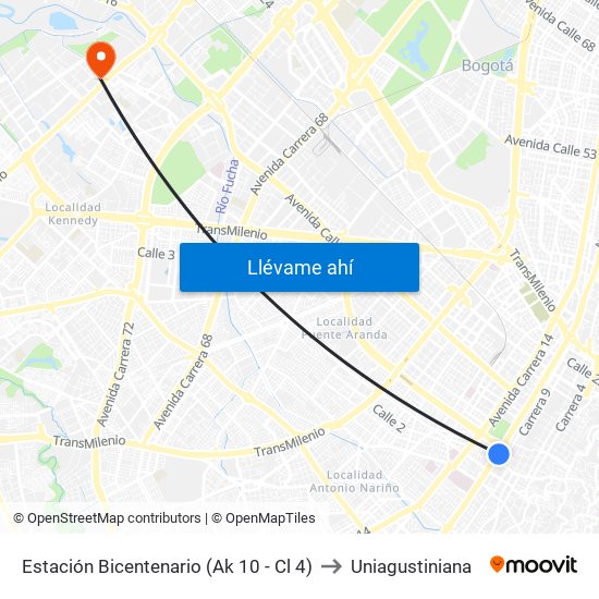 Estación Bicentenario (Ak 10 - Cl 4) to Uniagustiniana map