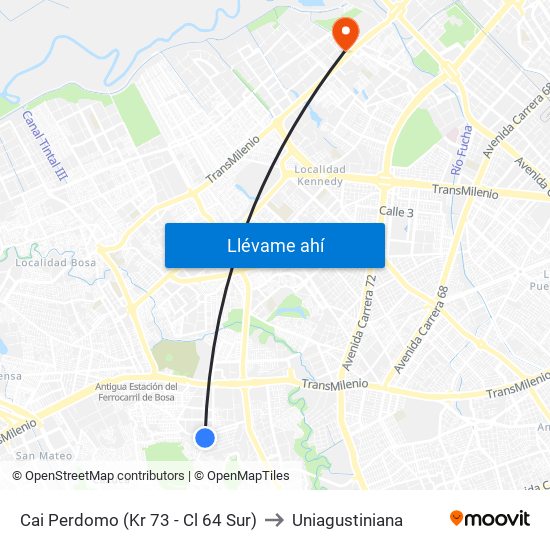 Cai Perdomo (Kr 73 - Cl 64 Sur) to Uniagustiniana map