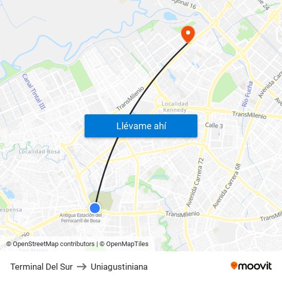 Terminal Del Sur to Uniagustiniana map