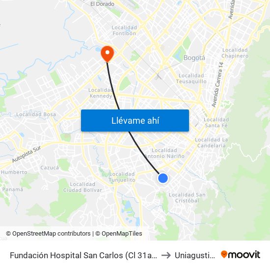 Fundación Hospital San Carlos (Cl 31a Sur - Kr 12b) to Uniagustiniana map