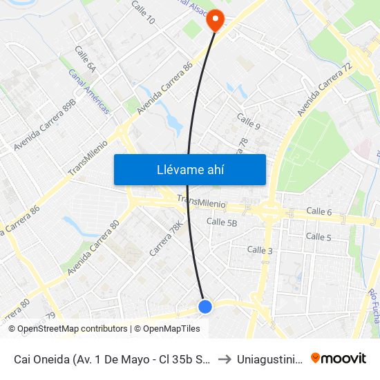Cai Oneida (Av. 1 De Mayo - Cl 35b Sur) (A) to Uniagustiniana map