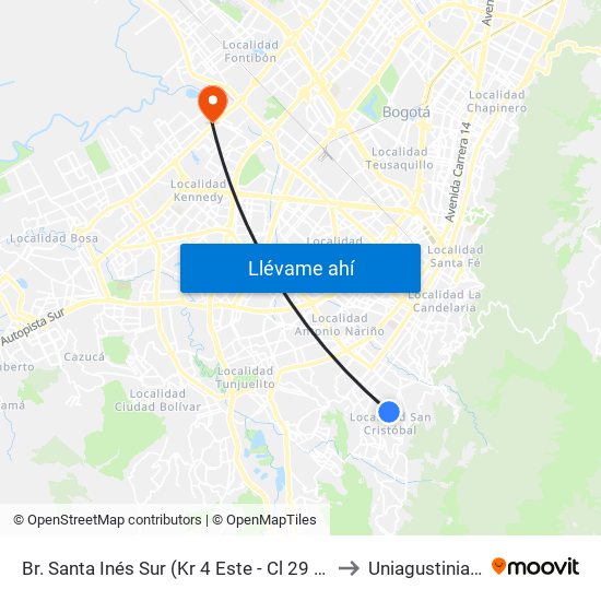 Br. Santa Inés Sur (Kr 4 Este - Cl 29 Sur) to Uniagustiniana map