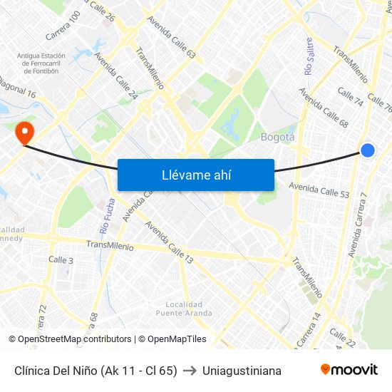 Clínica Del Niño (Ak 11 - Cl 65) to Uniagustiniana map