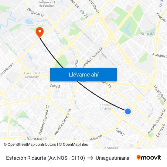 Estación Ricaurte (Av. NQS - Cl 10) to Uniagustiniana map