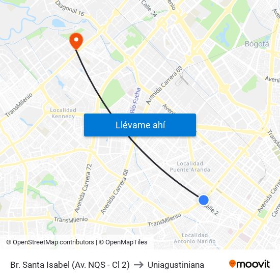 Br. Santa Isabel (Av. NQS - Cl 2) to Uniagustiniana map