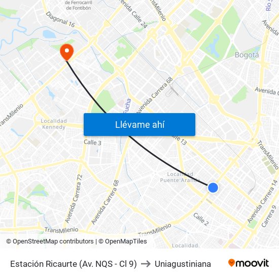 Estación Ricaurte (Av. NQS - Cl 9) to Uniagustiniana map