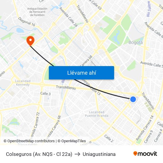Colseguros (Av. NQS - Cl 22a) to Uniagustiniana map