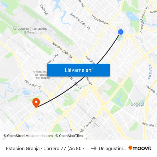 Estación Granja - Carrera 77 (Ac 80 - Tv 76d) to Uniagustiniana map