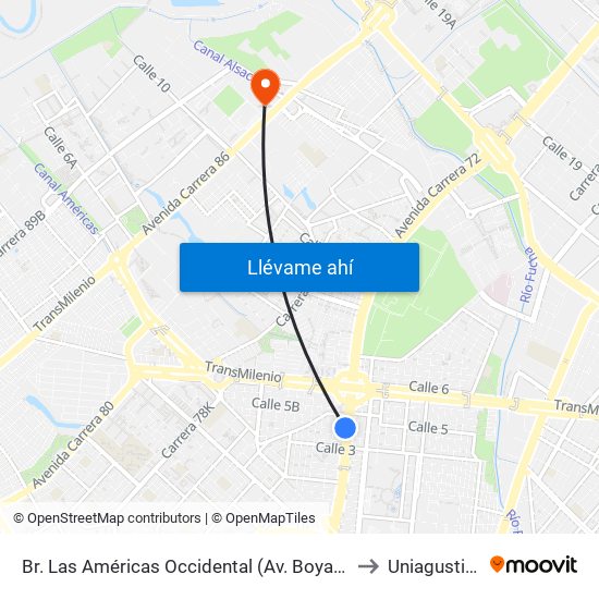 Br. Las Américas Occidental (Av. Boyacá - Cl 3b) (A) to Uniagustiniana map