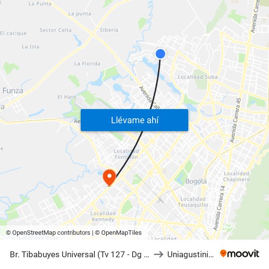 Br. Tibabuyes Universal (Tv 127 - Dg 138c) to Uniagustiniana map