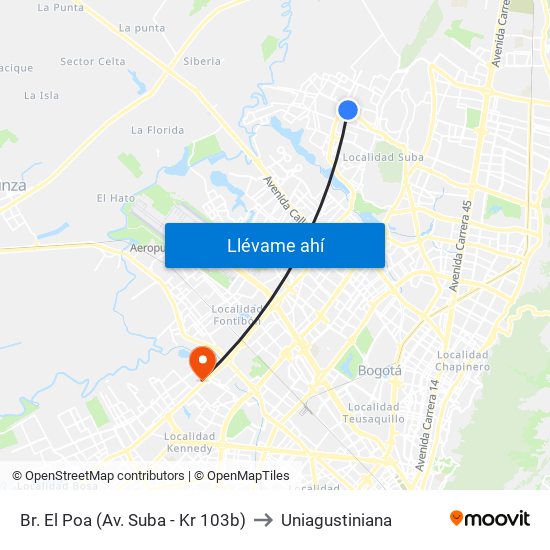 Br. El Poa (Av. Suba - Kr 103b) to Uniagustiniana map