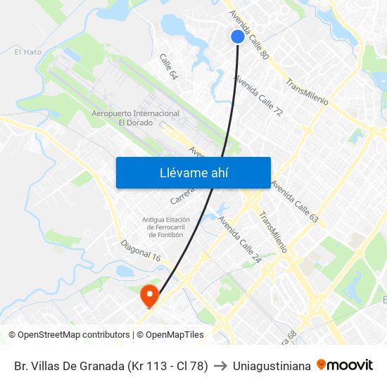 Br. Villas De Granada (Kr 113 - Cl 78) to Uniagustiniana map