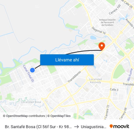 Br. Santafé Bosa (Cl 56f Sur - Kr 98c) to Uniagustiniana map