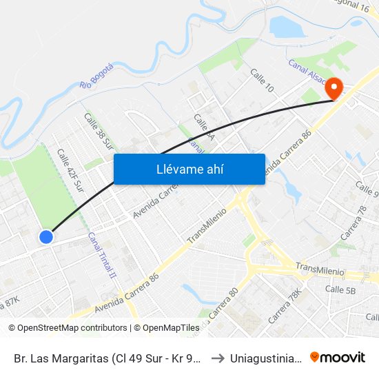 Br. Las Margaritas (Cl 49 Sur - Kr 90a) to Uniagustiniana map