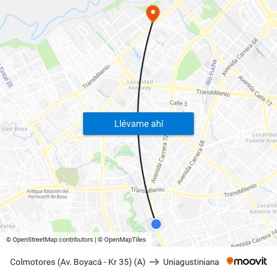 Colmotores (Av. Boyacá - Kr 35) (A) to Uniagustiniana map