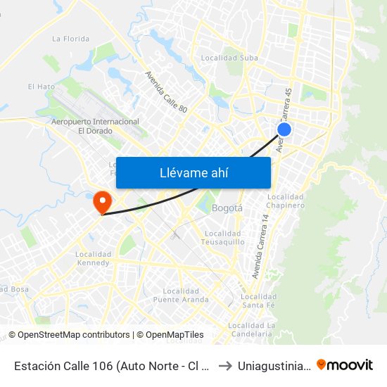 Estación Calle 106 (Auto Norte - Cl 105) to Uniagustiniana map