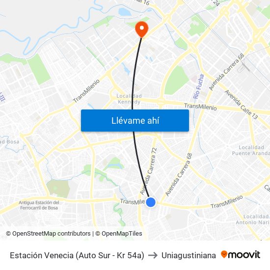 Estación Venecia (Auto Sur - Kr 54a) to Uniagustiniana map
