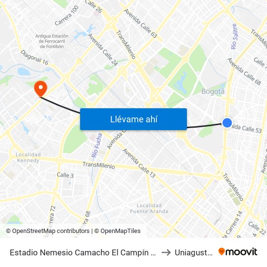 Estadio Nemesio Camacho El Campín (Av. NQS - Cl 53) to Uniagustiniana map