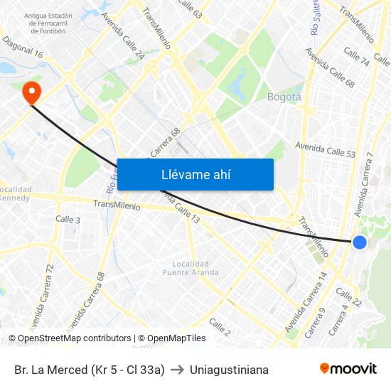 Br. La Merced (Kr 5 - Cl 33a) to Uniagustiniana map