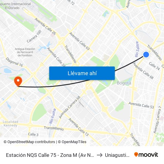 Estación NQS Calle 75 - Zona M (Av NQS - Cl 76) to Uniagustiniana map
