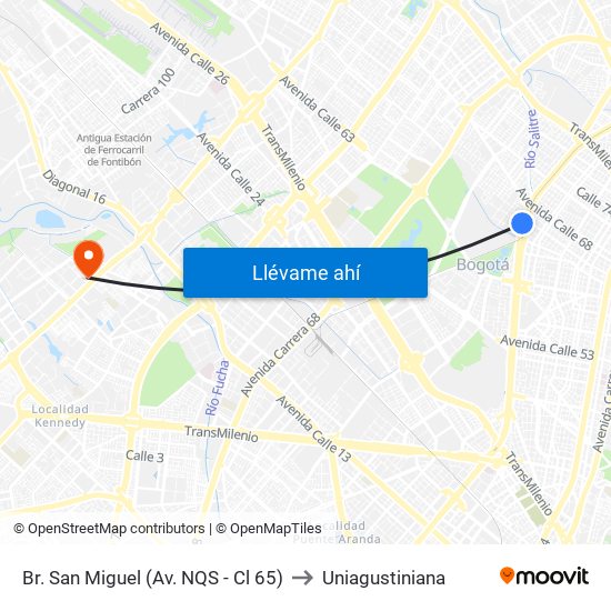 Br. San Miguel (Av. NQS - Cl 65) to Uniagustiniana map