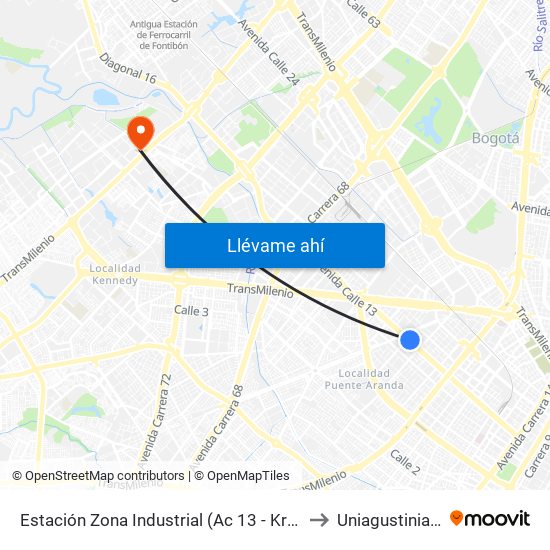 Estación Zona Industrial (Ac 13 - Kr 38) to Uniagustiniana map